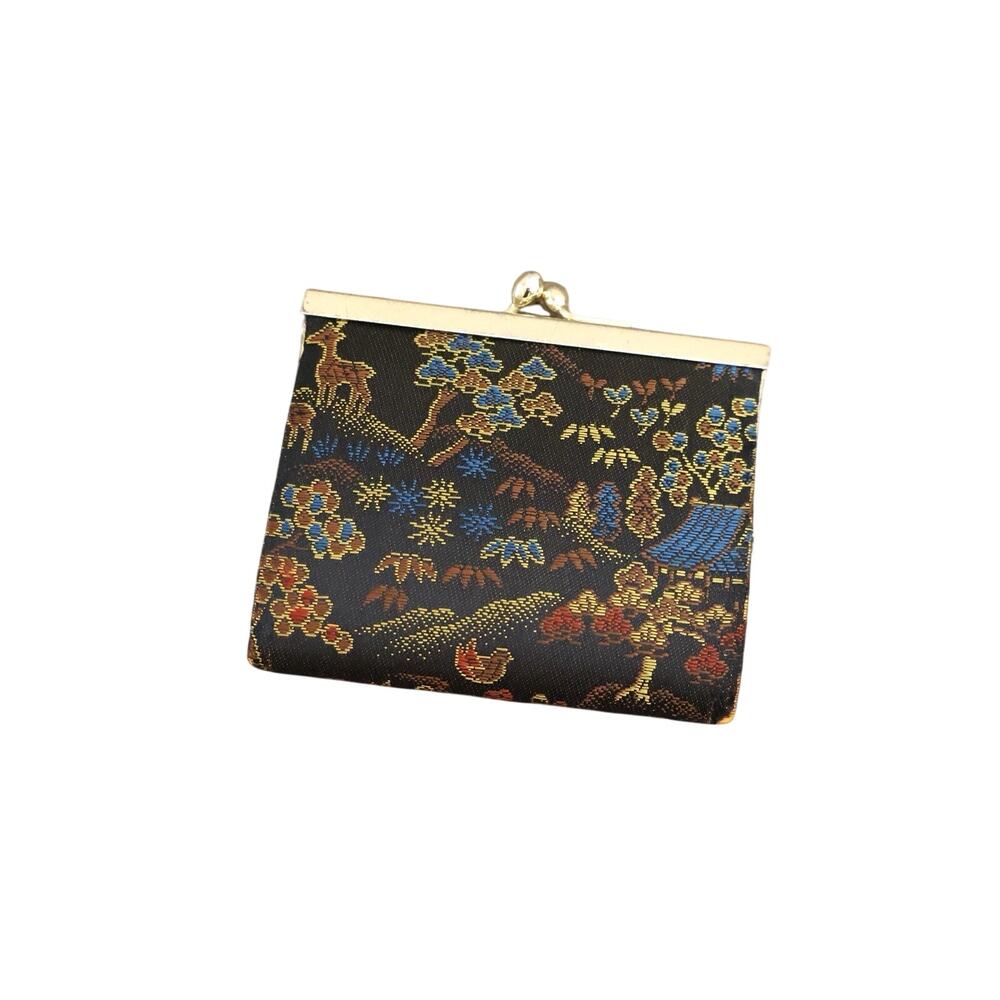Vintage Black Asian Floral Needlepoint Clasp Coin Purse 3.5"x3"
